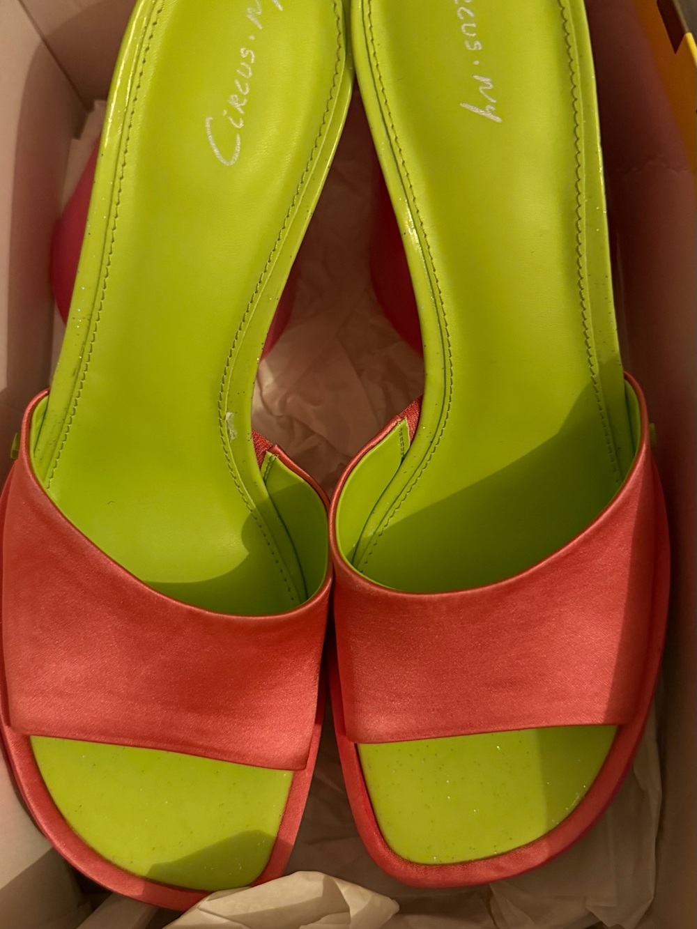 Circus by Sam Edelman Coral Pink Slide Mules with Lime Green Insole